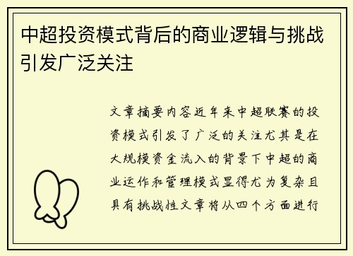 中超投资模式背后的商业逻辑与挑战引发广泛关注 中超投资模式背后的商业逻辑与挑战引发广泛关注