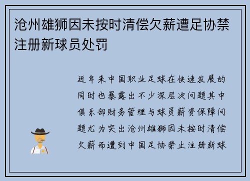 沧州雄狮因未按时清偿欠薪遭足协禁注册新球员处罚