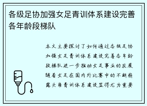 各级足协加强女足青训体系建设完善各年龄段梯队